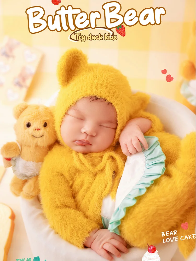 Pakaian fotografi baru lahir, Jumpsuit lengan panjang + topi + Bib Set kostum beruang kuning mentega boneka Studio alat peraga pemotretan