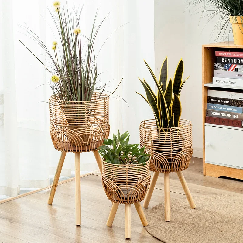 Flower Rack Nordic Stand for Flowers-Imitation Rattan Weaving Plant Shelves,Beautiful Practical Flower Stand,Elegant Home Decor