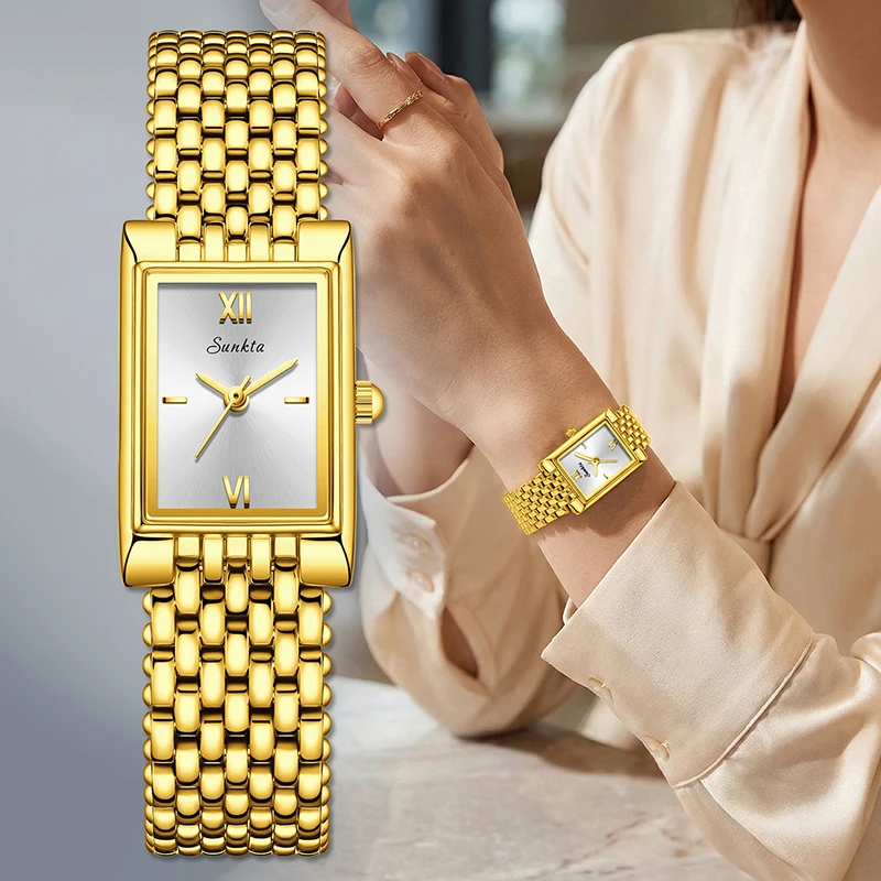 

SUNKTA Creative Watch for Women Square Gold Stainless Steel Quartz Ladies Wristwatch Waterproof Bracelet Clock Girl Gift Watch