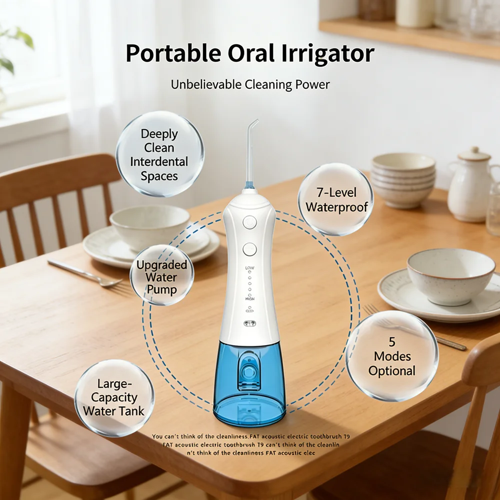 

IPX7 Водонепроницаемый портативный стоматологический ирригатор 300 мл, 5 режимов, 5 насадок, эффективный инструмент для чистки зубов для дома и путешествий