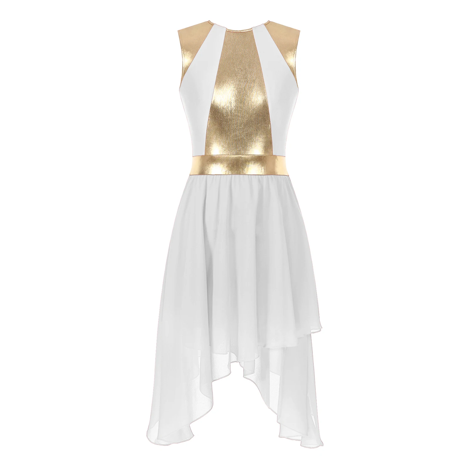 

Womens Metallic Color Block Ballet Lyrical Dance Dress Irregular Hem Sleeveless Modern Contemporary Dress Performance Dancewear