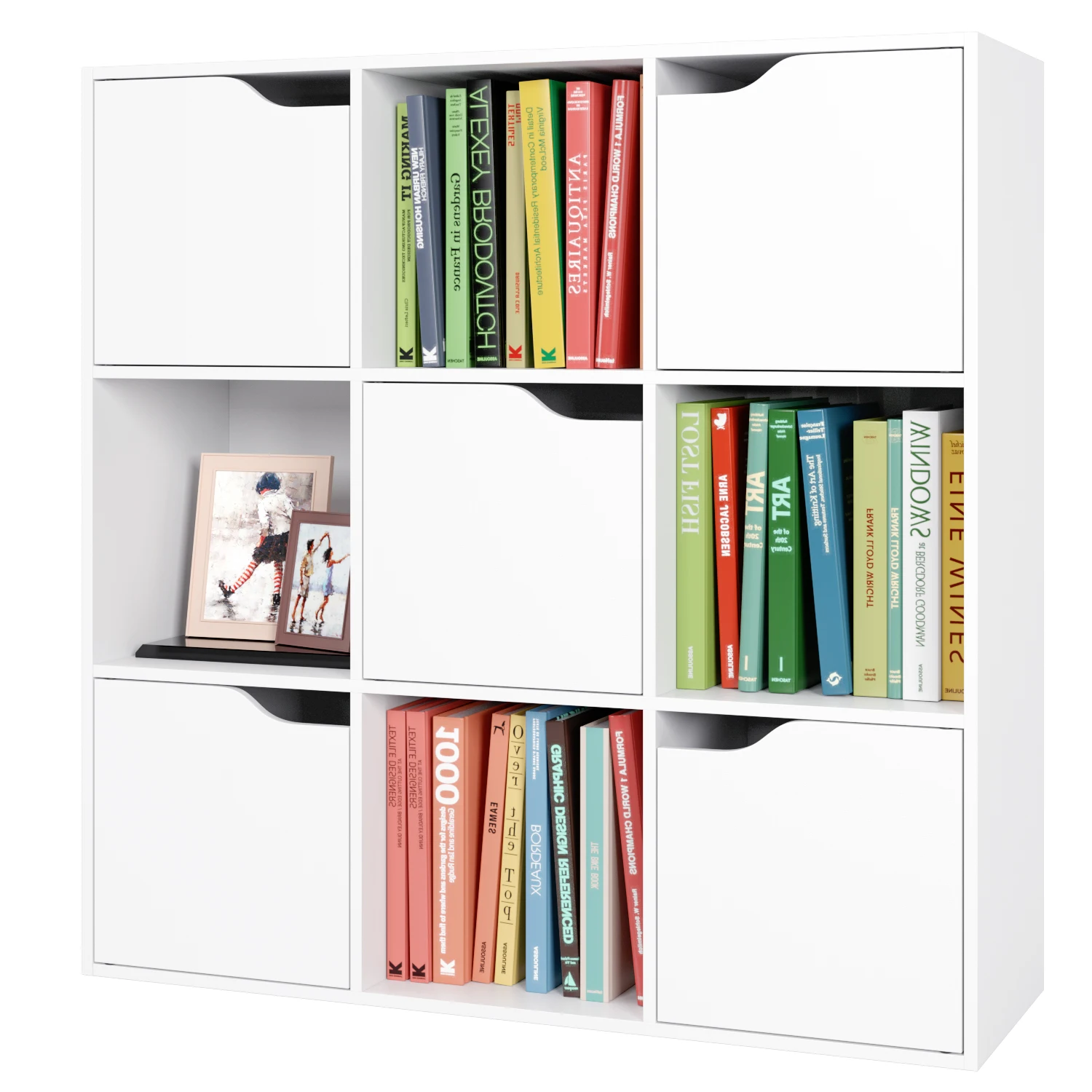 Libreria Getone, libreria bianca, portaoggetti a 9 cubi, libreria in legno con 5 ante per soggiorno, 90x29x90 cm