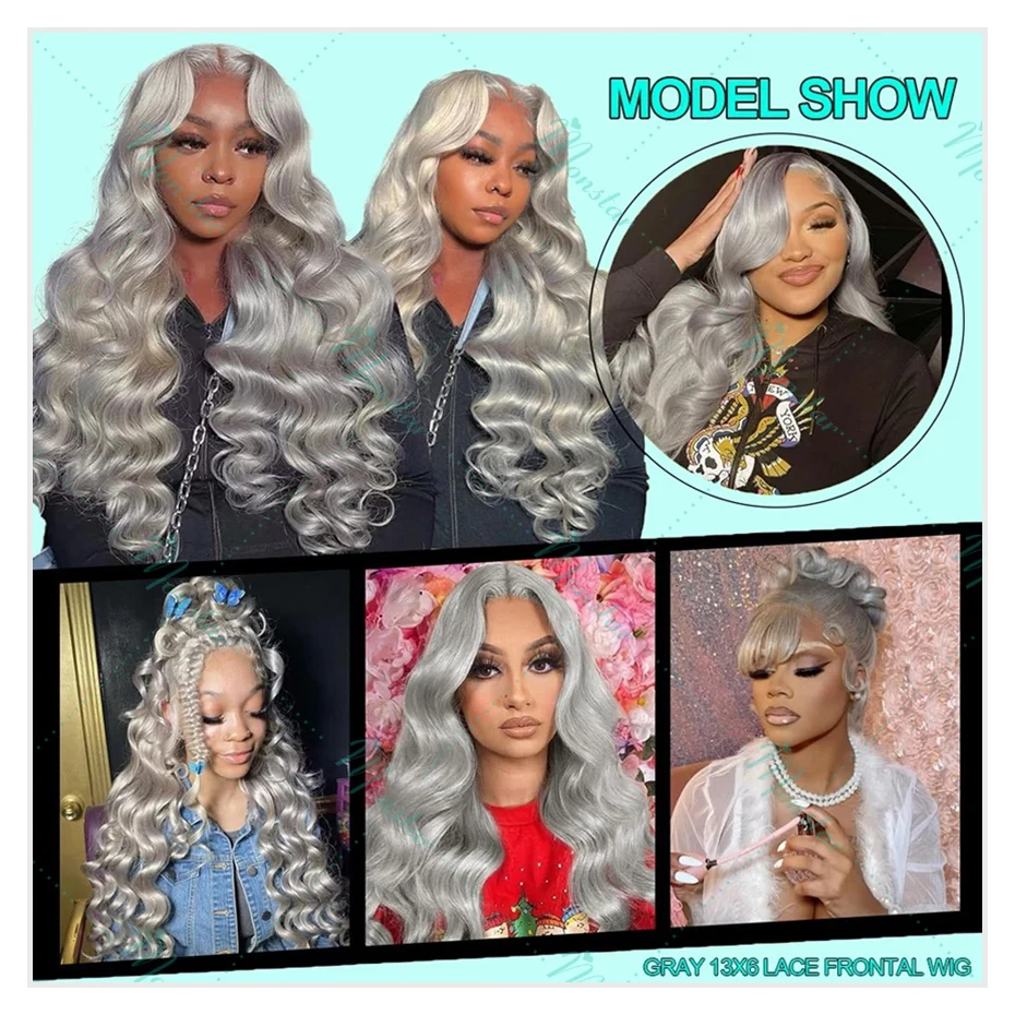 40 بوصة فضي رمادي اللون الجسم موجة الدانتيل الجبهة خصلات الشعر المستعار الإنسان 13x6 HD شفافة 613 الدانتيل الباروكات الأمامية للنساء قبل قطعها