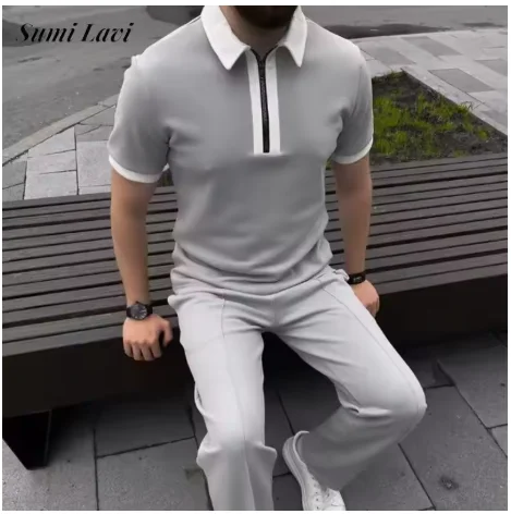 

Summer Daily Casual Mens Short Sleeve Outfits 2025 New Leisure Zipper Lapel Polo Shirt And Pants 2 Piece Sets Men Vintage Suits