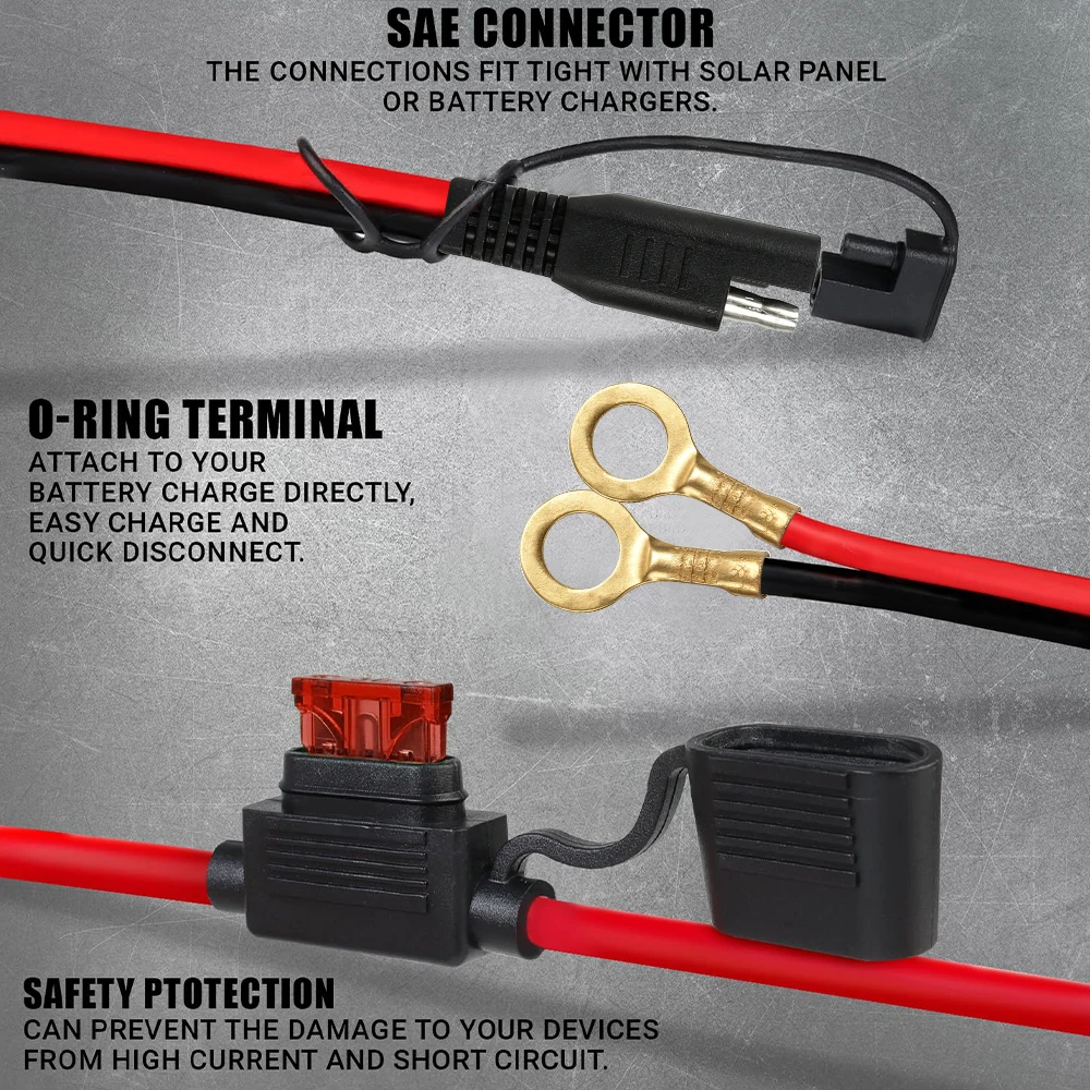 10A Fuse 18Awg 60Cm Sae To O-Ring Terminal Wire Harness Car Charger Battery Extension Cable for Solar Panels Motorcycle Car Rv - view 6