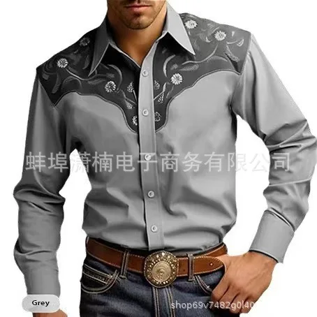 Men's Fashion Printed Shirt American Western Style Printed Loose Long Sleeve Shirt