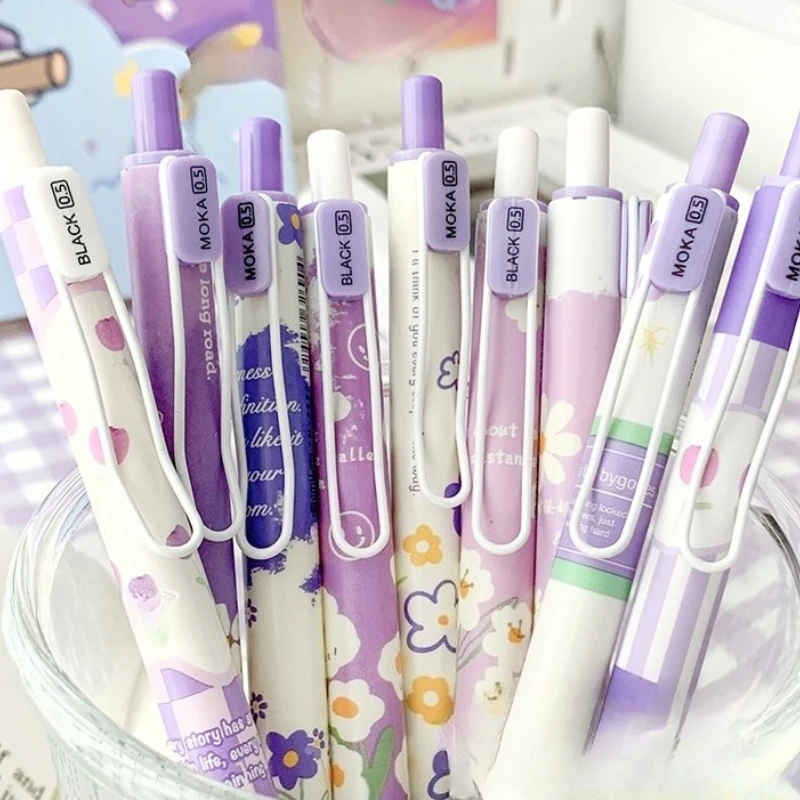 

6 шт./компл. фиолетово-белая гелевая ручка с цветочным принтом для детей, девочек, эстетическая модная ручка в стиле бохо, 0,5 мм, черные чернила, студенческие гелевые ручки