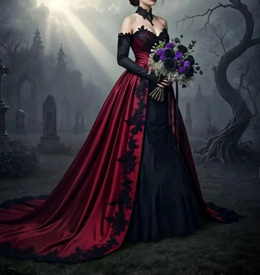 Vampir-Gothic-Hochzeitskleid, dunkelrot, mit schwarzer A-Linie, lange Brautkleider, schulterfrei, volle Ärmel, Spitzenapplikationen, individuell gestaltet