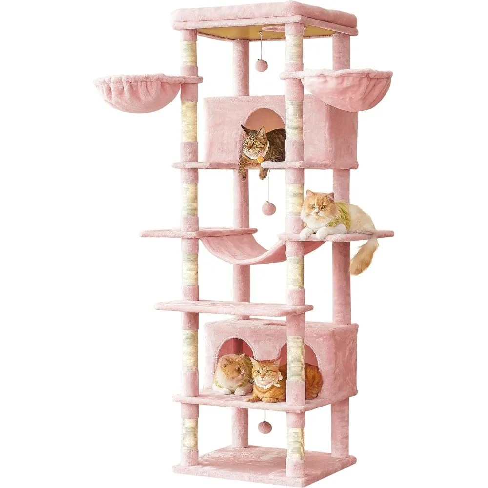 Extra Large Cat Tree, 77.6-Inch Tall Cat Tower for Indoor Cats with 2 Large Condos, Multi-Level Cat Stand with 3 Hammocks