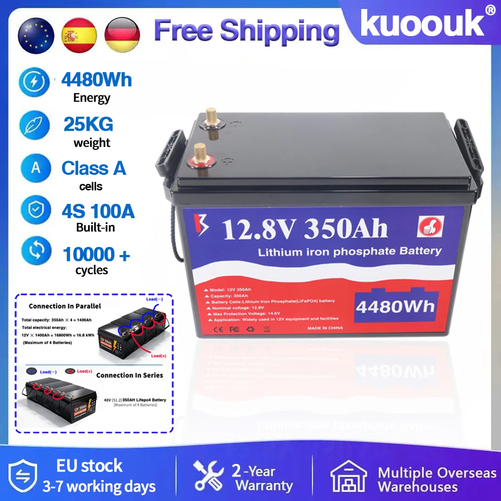 Image of 12V 350Ah Lifepo4-Batterie mit integriertem BMS, Lithium-Eisenphosphat-Zellenpaket, 10.000 Zyklen für Wohnmobile, Golfcarts, Solaranlagen, steuerfrei