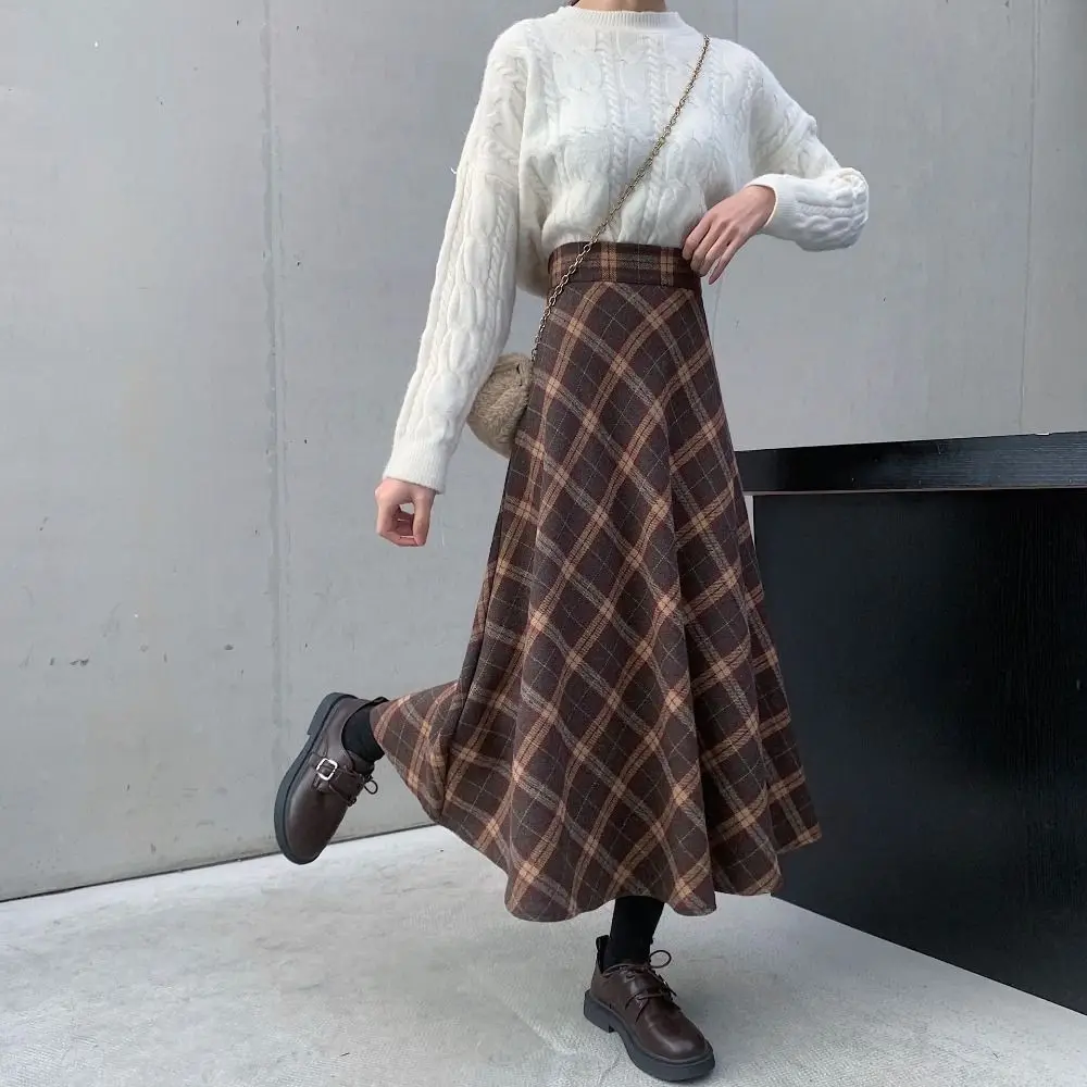 Leisure High Waist Retro Plaid Skirt Slim Fit Winter Autumu High Waist Long Skirt Aesthetic Preppy Style A-line Half Dress Club