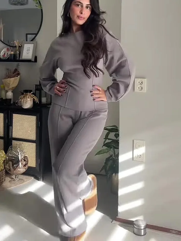 HH-Conjunto de 2 piezas adelgazante para mujer, Top de manga larga con cuello redondo de tela de doble cara y pantalones largos informales elásticos elegantes, nueva moda