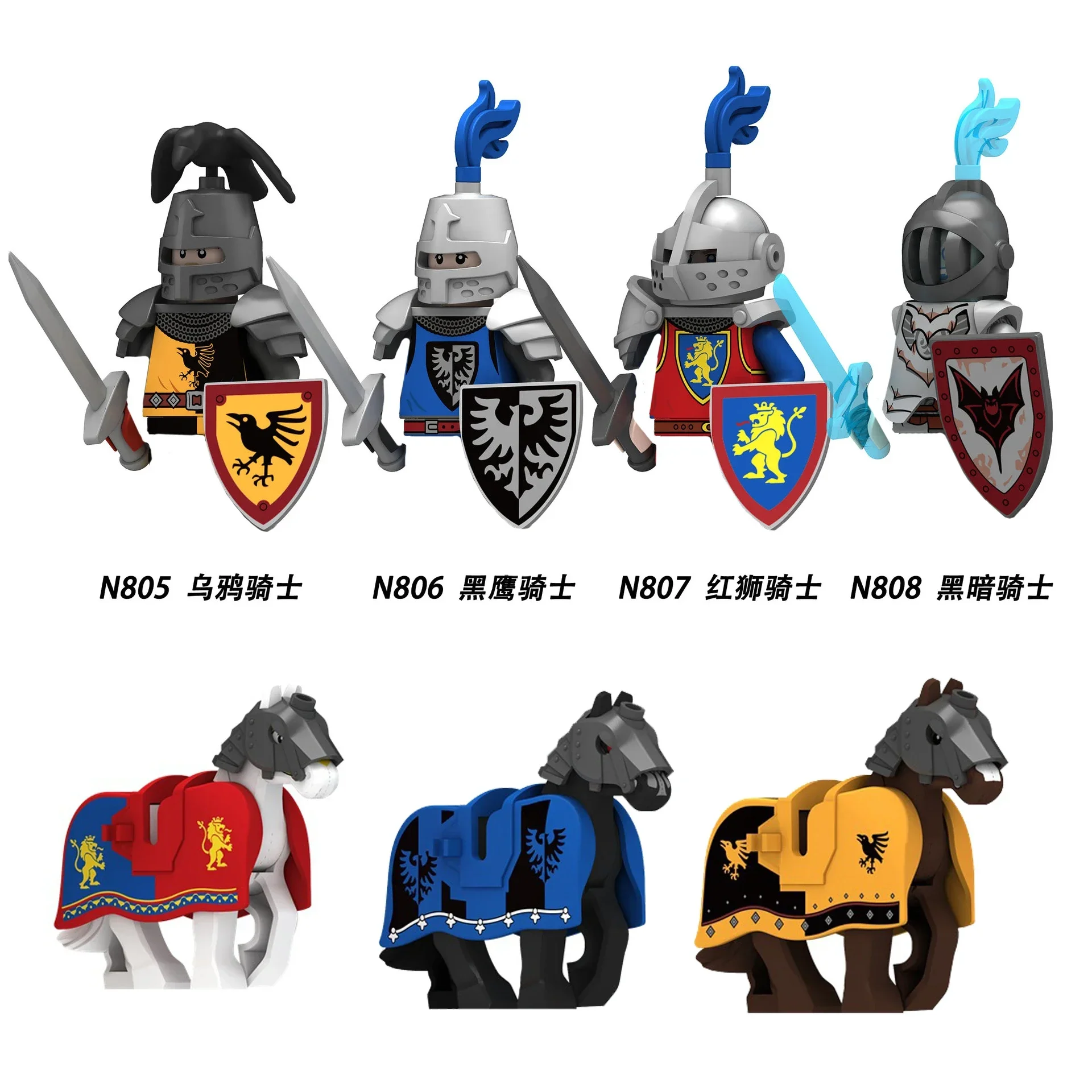 100PCS Military Building Blocks Medieval Solider Knights Equipment Mount War-Horse Eagle Flag Vests Shields Fiery Dragon Toys