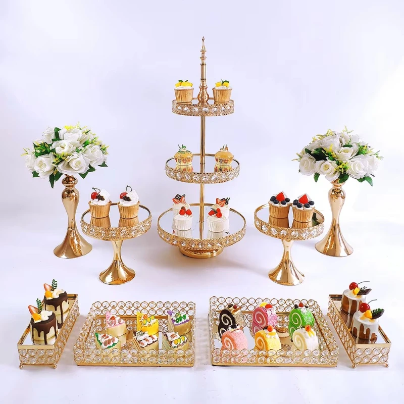 

Cake Rack Set Gold Vintage Cake Rack with Crystal Cupcake Display Tray