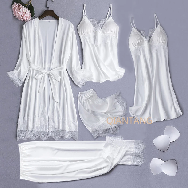 White Silk Pajamas Set Women 5PCS Bride Wedding Robe Nightgown Sexy Lace Chemise Sleepwear Kimono Bathrobe Gown Lingerie