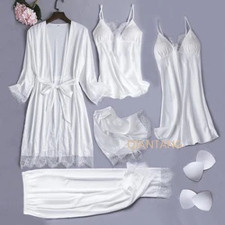 Pijamas de seda branca conjunto feminino 5pcs vestido de noiva roupão de casamento camisola sexy rendas chemise sleepwear kimono roupão lingerie