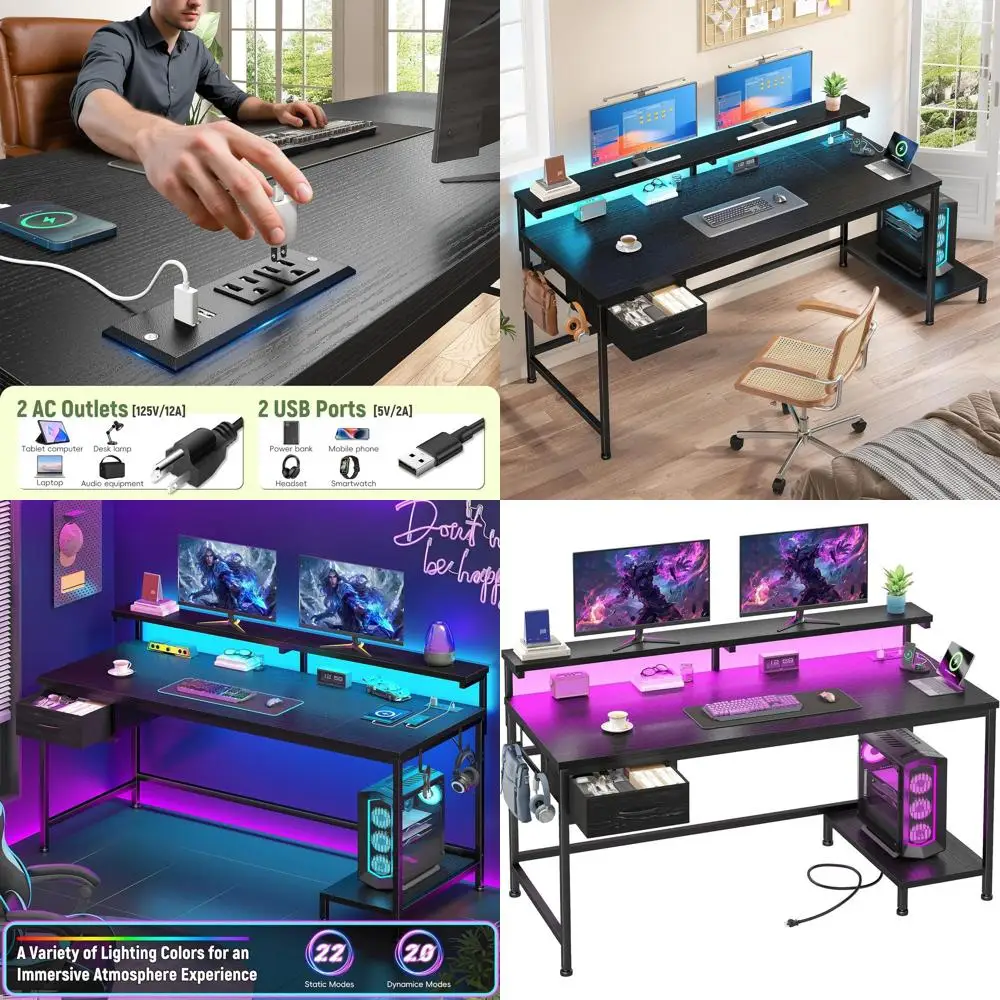 

Compact LED-lit Gaming Desk with Power Outlet, Adjustable Monitor Stand, Ideal for Home Office, Study, and Gaming in Small Space