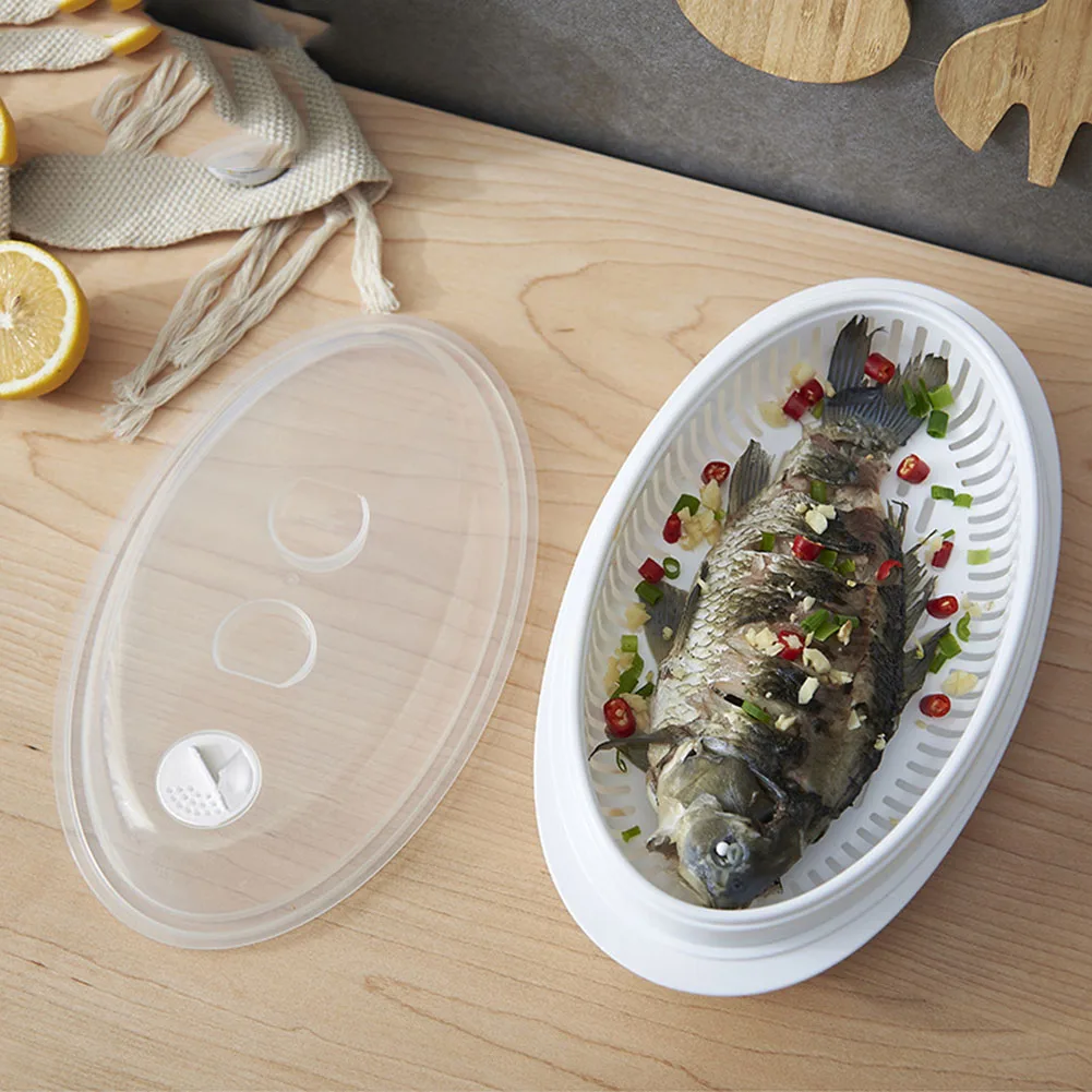 

Fish Bowl Steamer Multifunction Microwave Fish Steamer Oval Fish Steaming Tray with Lid for Fish Bun Dumpling Bread