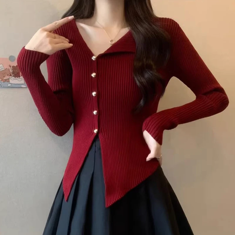 Autumn Korean Anchora Red Irregular V-neck Long Sleeve Slim Slit Sweater Cardigan For Women