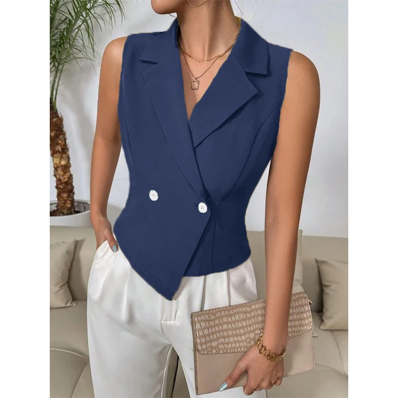 Fashion Women\'s Sleeveless Vest Women Waistcoat Suit Lapel Casual Jackets Two Button 2000s Tops Female Clothing 신상아우터