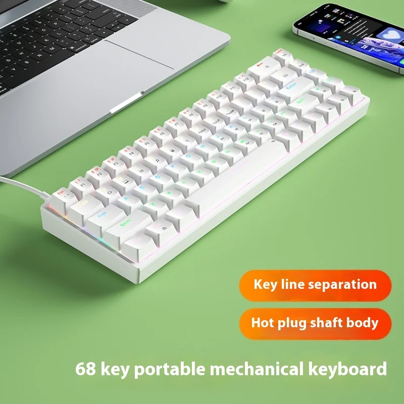 

Hot Swappable Mechanical Keyboard 68 Key Usb Interface Rgb Light Effect Wired Small Portable External Laptop Desktop Office Home