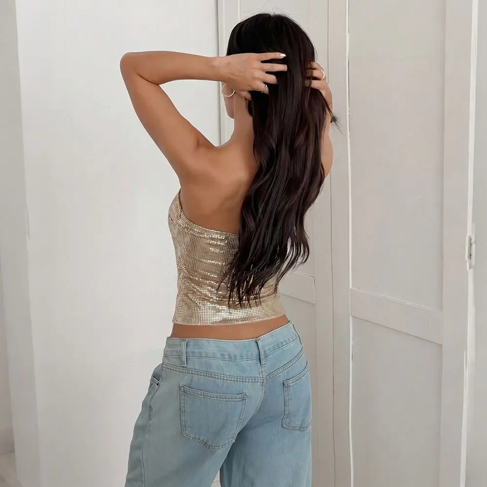 Sequin Applique Sequin Tank Top Stretch Skinny Fit Backless Sequin Tube Top Classic Cut Sleeveless Shiny Sequins Cami for Women