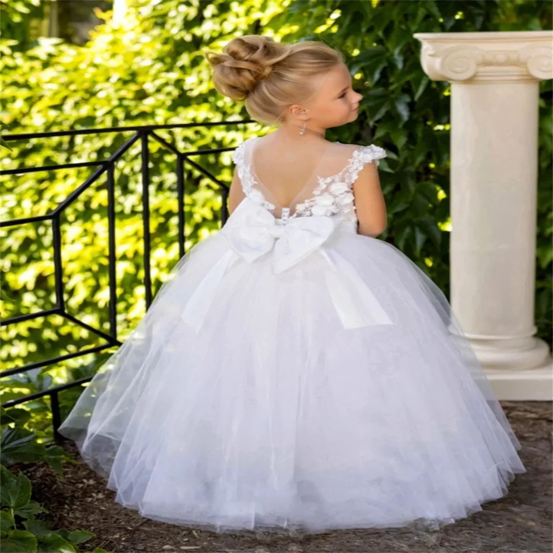 فساتين الفتيات زهرة بيضاء زين رقيق الاطفال أكمام س الرقبة الدانتيل جديد القوس جميلة الأميرة الزفاف مخصص ملابس رسمية