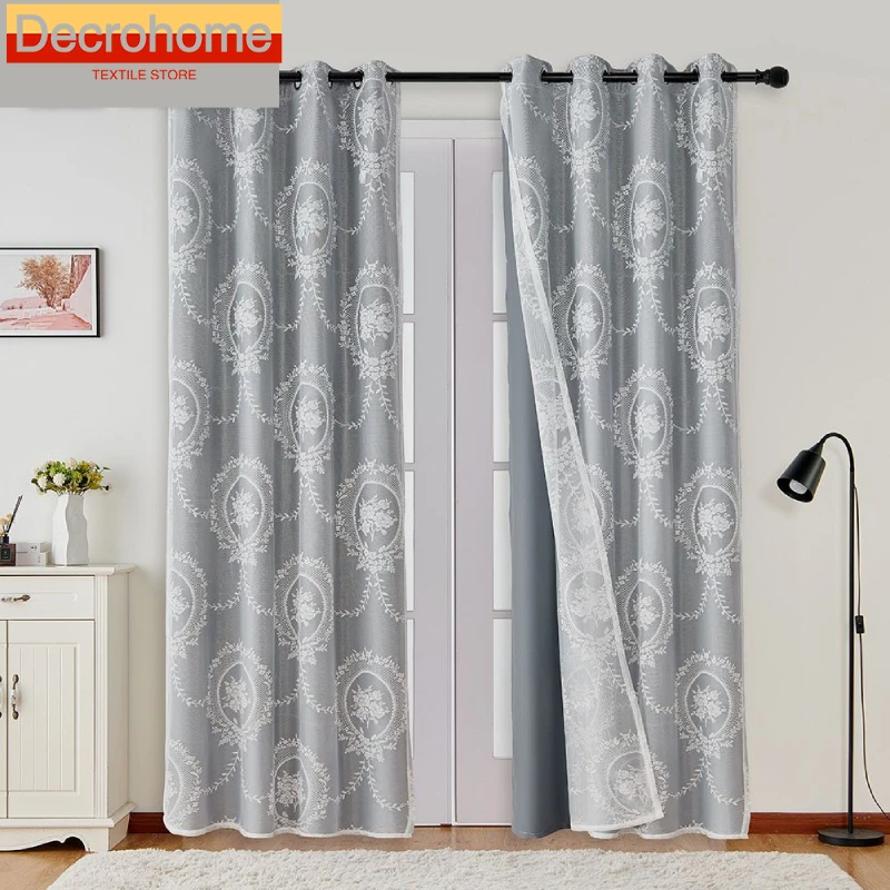 Double-layer Cloth Gauze Integrated Lace Window Gauze Curtains for Living Room Bedroom French Window Balcony Window Customized