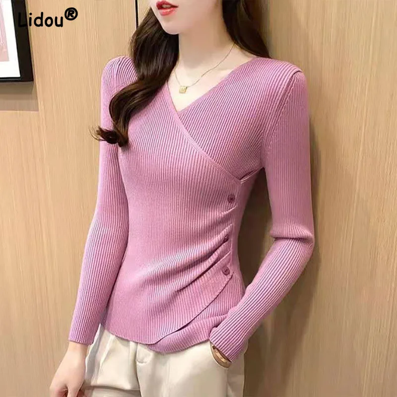 Elegant Fashion Temperament V-neck Knitted Pullovers for Women Sweaters 2022 New Solid Color Bottoming Shirt Buttons Korean Top