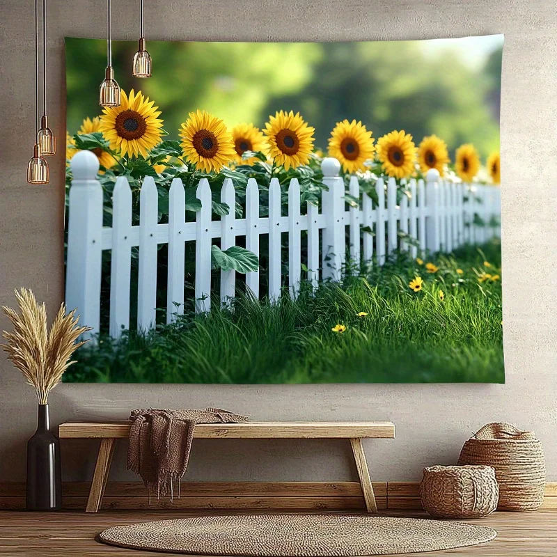 Sunflower Field White Picket Fence Tapestry Farmhouse Wall Decor Rustic Home Decor Aesthetic Room Decor Nature Landscape ArtBoho