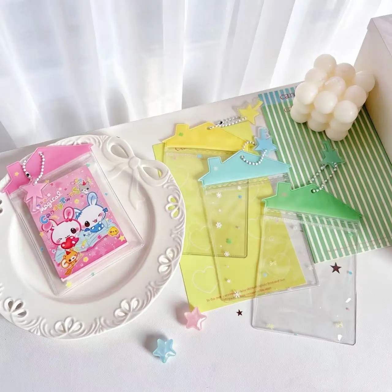 Cartoon Little House Card Holder Transparent PVC Badge Photocard Dustproof Display Pendant Plush Toy Storage Doll Bag