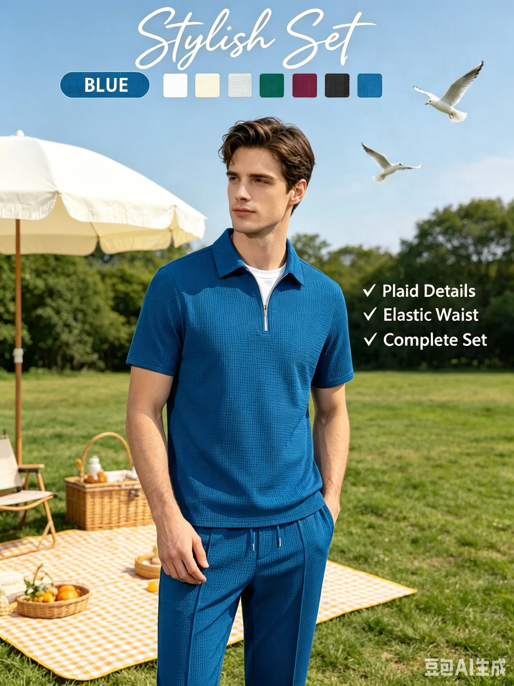 Men Summer Waffle Knit 3-Piece Outfit, Half-Zip Polo with Long Pants & Shorts in Two Styles, Daily Casual & Outdoor Wear - view 4