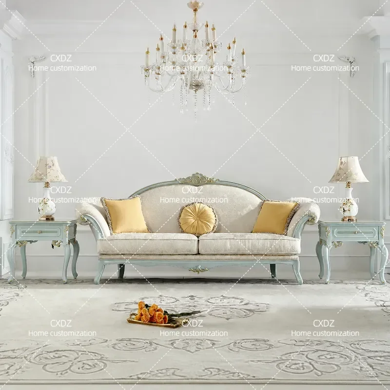 French Pastoral Fabric Sofa Set Small Apartment Simple European Style Birch Wood Jacquard Upholstered Couch Living Room
