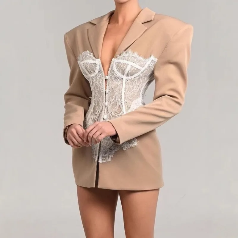 Blouse Suit Jacket Women Autumn Lace Patchwork Lightweight Waist-cinching Lapel Contrasting Colours Long Sleeves Casual Elegant