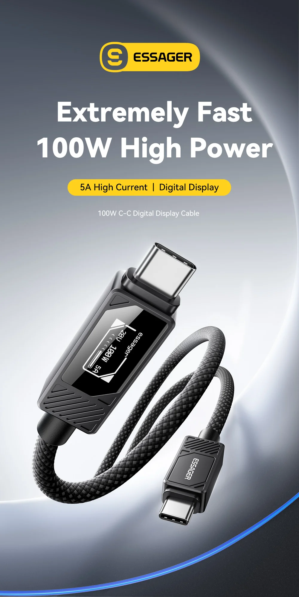 ESSAGER 100 W Typ-C-Kabel mit Digitalanzeige PD-Schnellladekabel für MacBook Pro/Air iPhone 16/15/14 iPad USB-C-Kabel – Detail 1