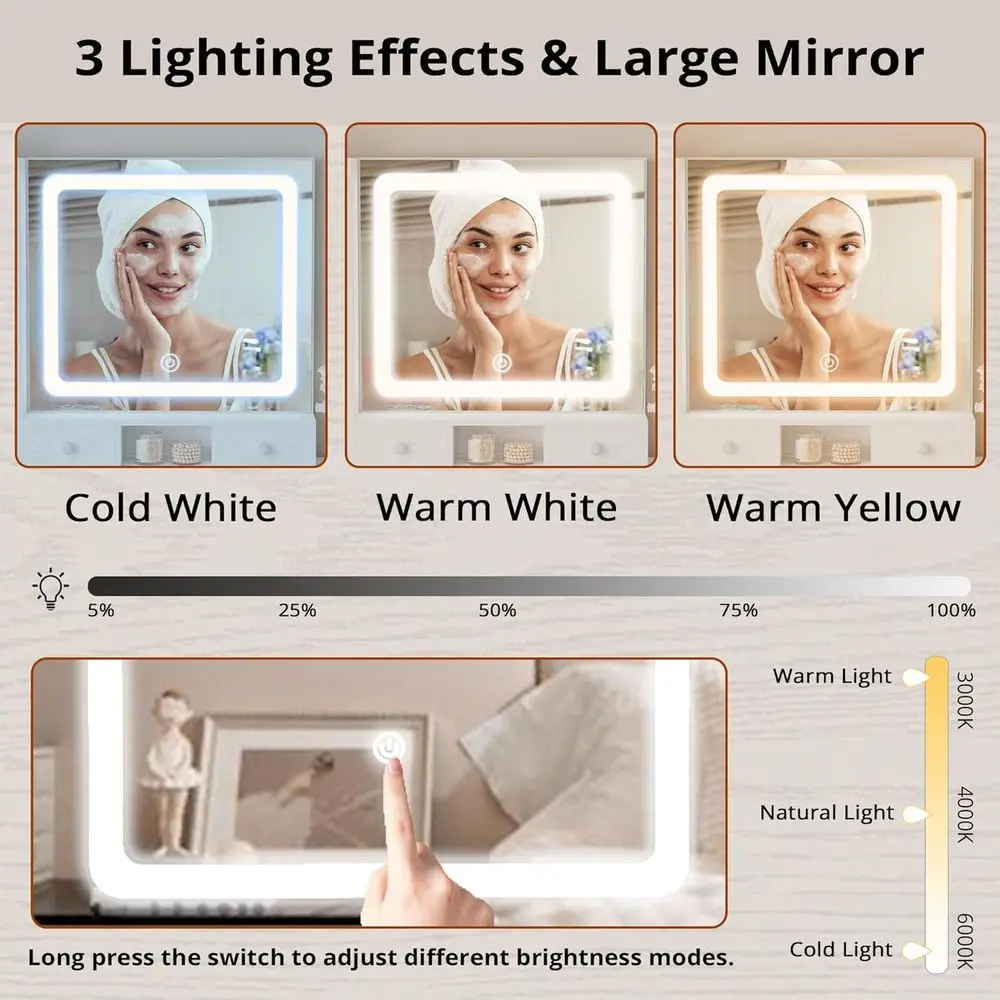 Vanity desk LED mirror showing 3-color temperature lighting options