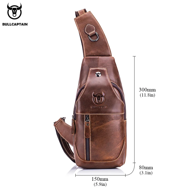 BULLCAPTAIN-Bolso de pecho de cuero genuino para hombre, bandolera triangular informal, mochila de hombro de viaje, bolso multifuncional de cuero