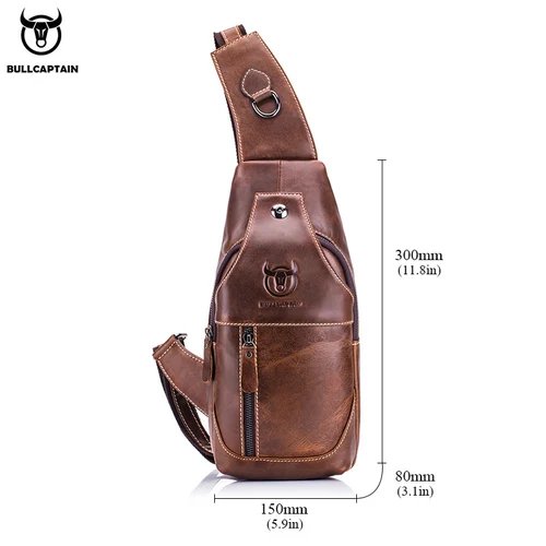 Imagen 2 del producto BULLCAPTAIN, bolso de pecho de cuero genuino, diseño cruzado triangular informal, mochila de hombro de viaje, bolso multifuncional de cuero para hombres