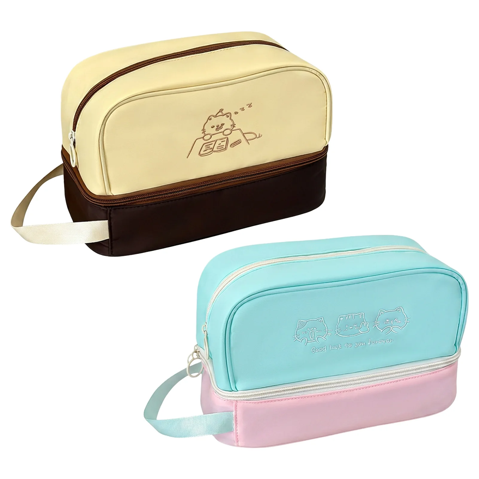 Waterproof Makeup Bag Large Capacity Double Layer Cosmetic Organizer with Cat Embroidery for Travel Toiletries, Dorm Gift