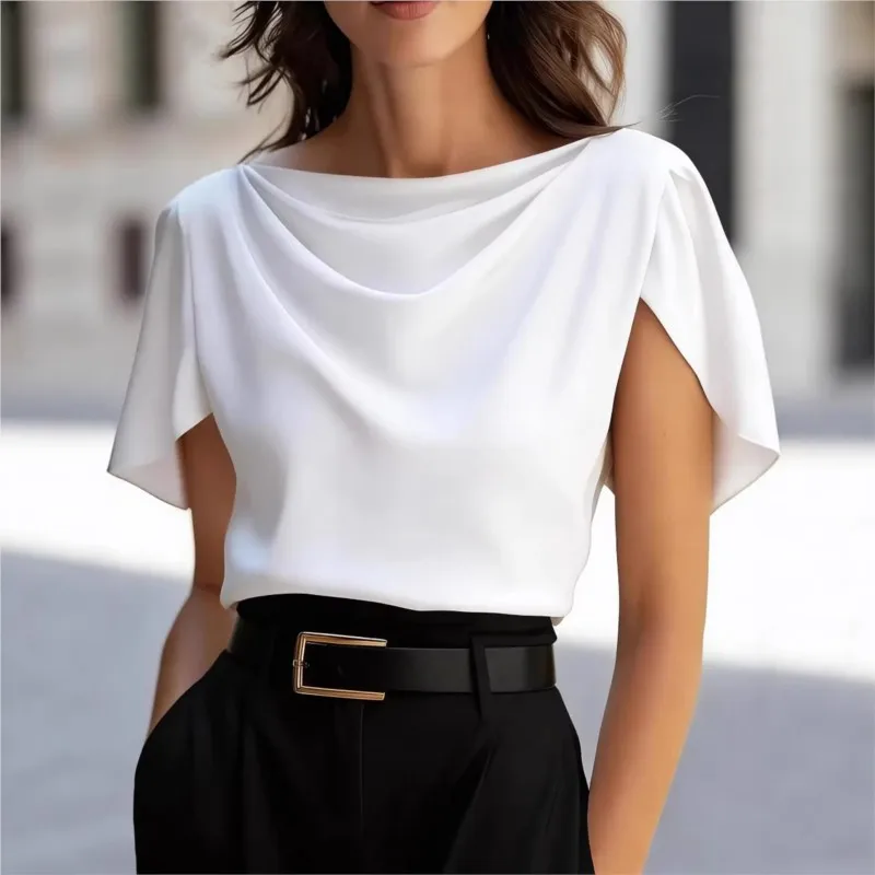 

Temperament Elegant Satin Women Shirt 2026 Summer Swing Collar Short Sleeve Ruffled Top Blouse for Office Lady Evening Wear