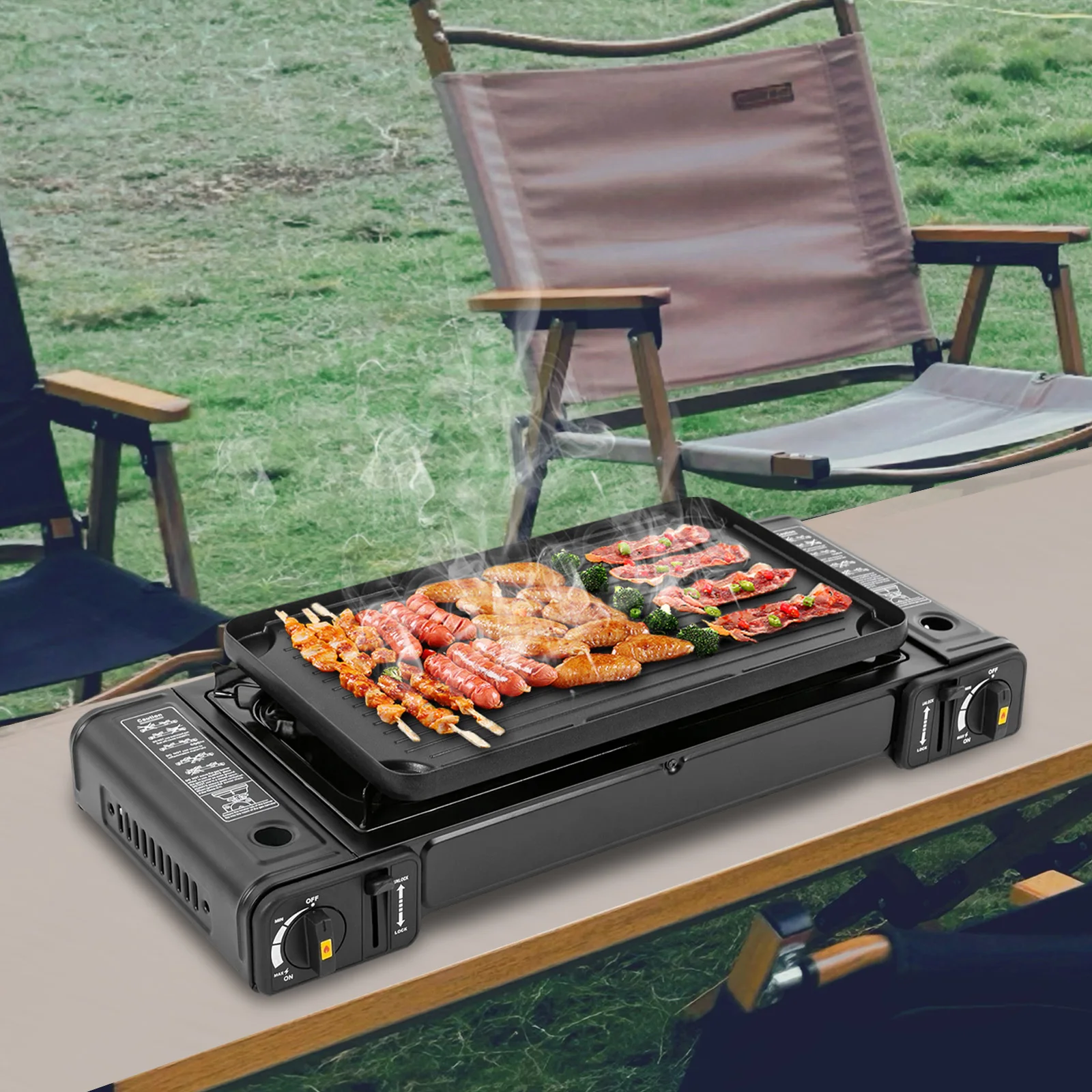 Fornello da campeggio Attrezzatura da cucina portatile da esterno a doppio fuoco con vassoio per griglia e custodia per picnic, barbecue, escursionismo