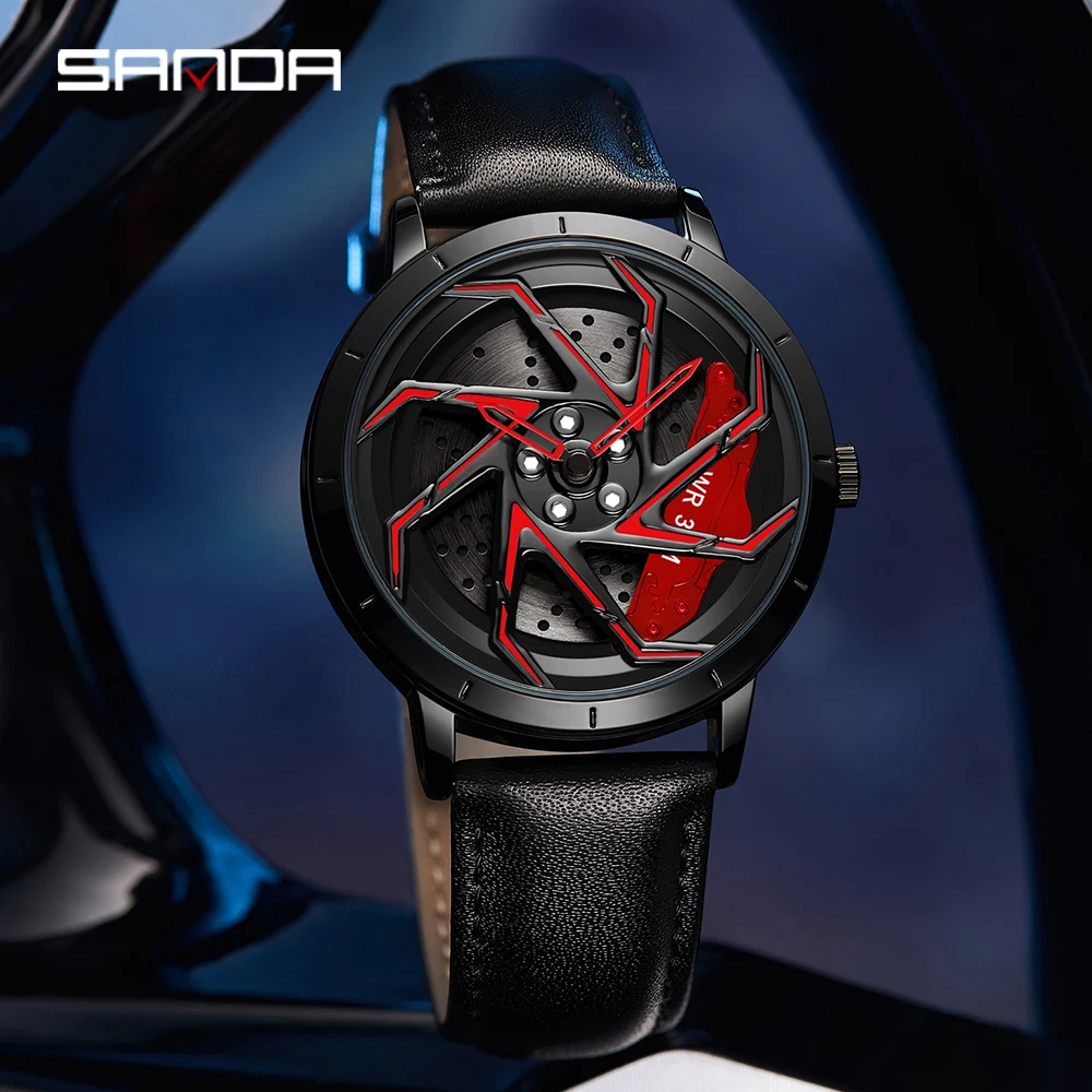 SANDA Fashion Hot Sell Car Rim Men Watch Corium Waterproof Sport Watch 360 Degree Rotating Wheel Rim Dial Quartz Watch