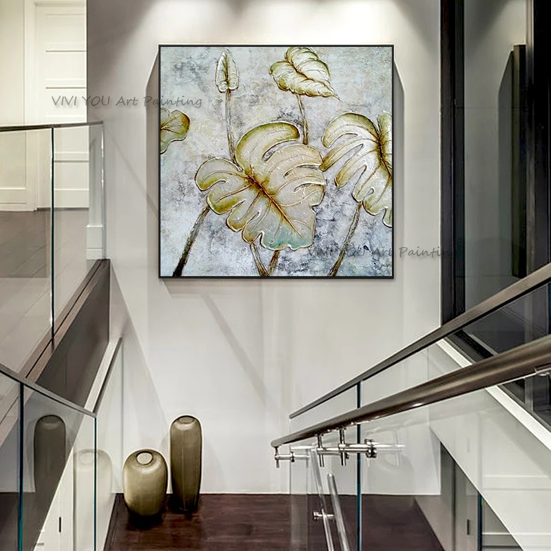 Gold Textured Monstera Leaf Oil Painting Handpainted Square Canvas Wall Art for Stairwell Neutral Minimalist Tropical Home Decor