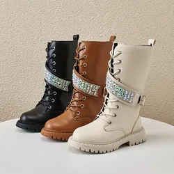 Kids Girls High Boots 2023 Spring Autumn New Solid Color Beige Black Simple Children Fashion Princess Mid-calf Boots for Catwalk