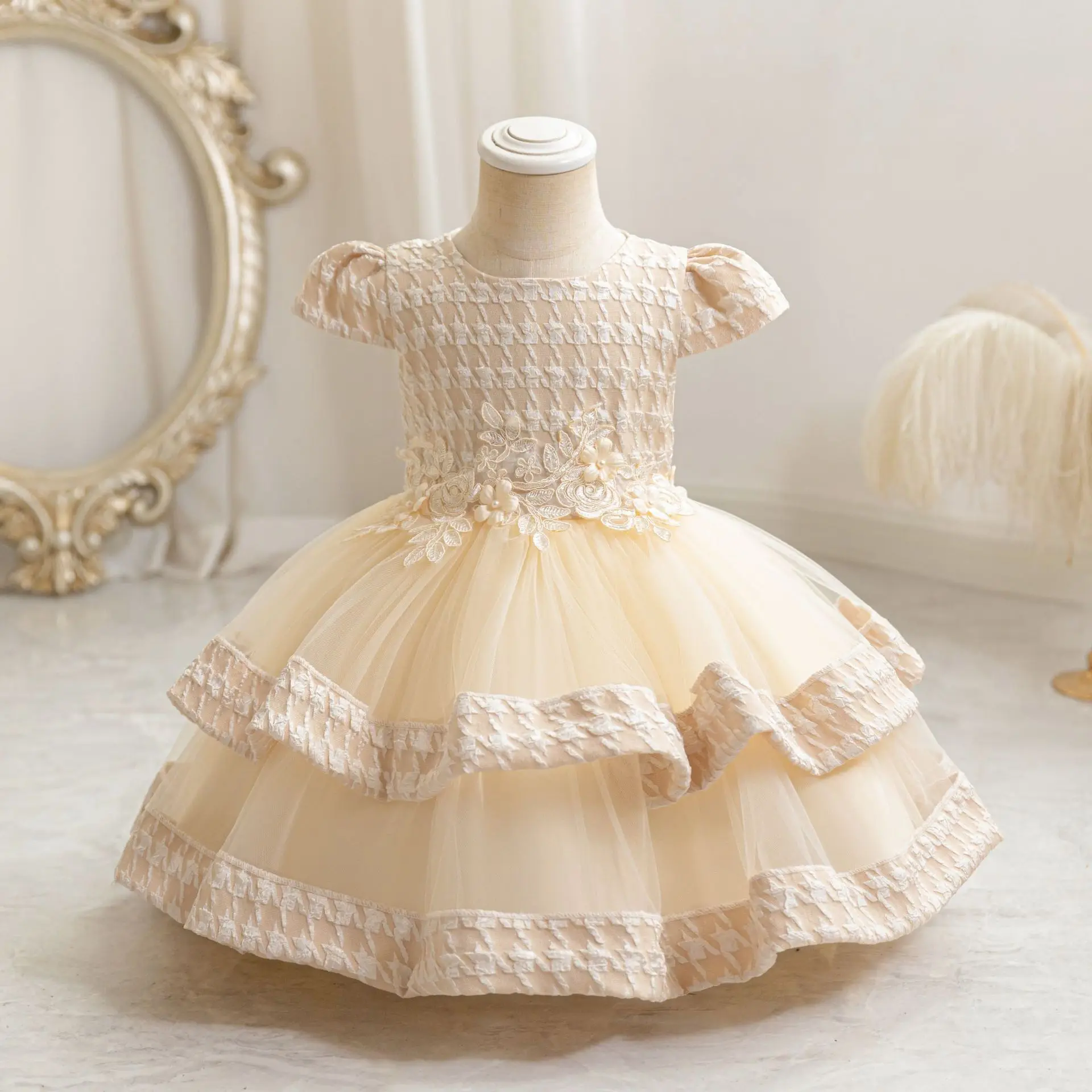 HETISO Girls Layered Splicing Fluffy Princess Dress Appliques Summer Tulle Party Ball Gown for Kids Child Birthday Clothes 1-4Y