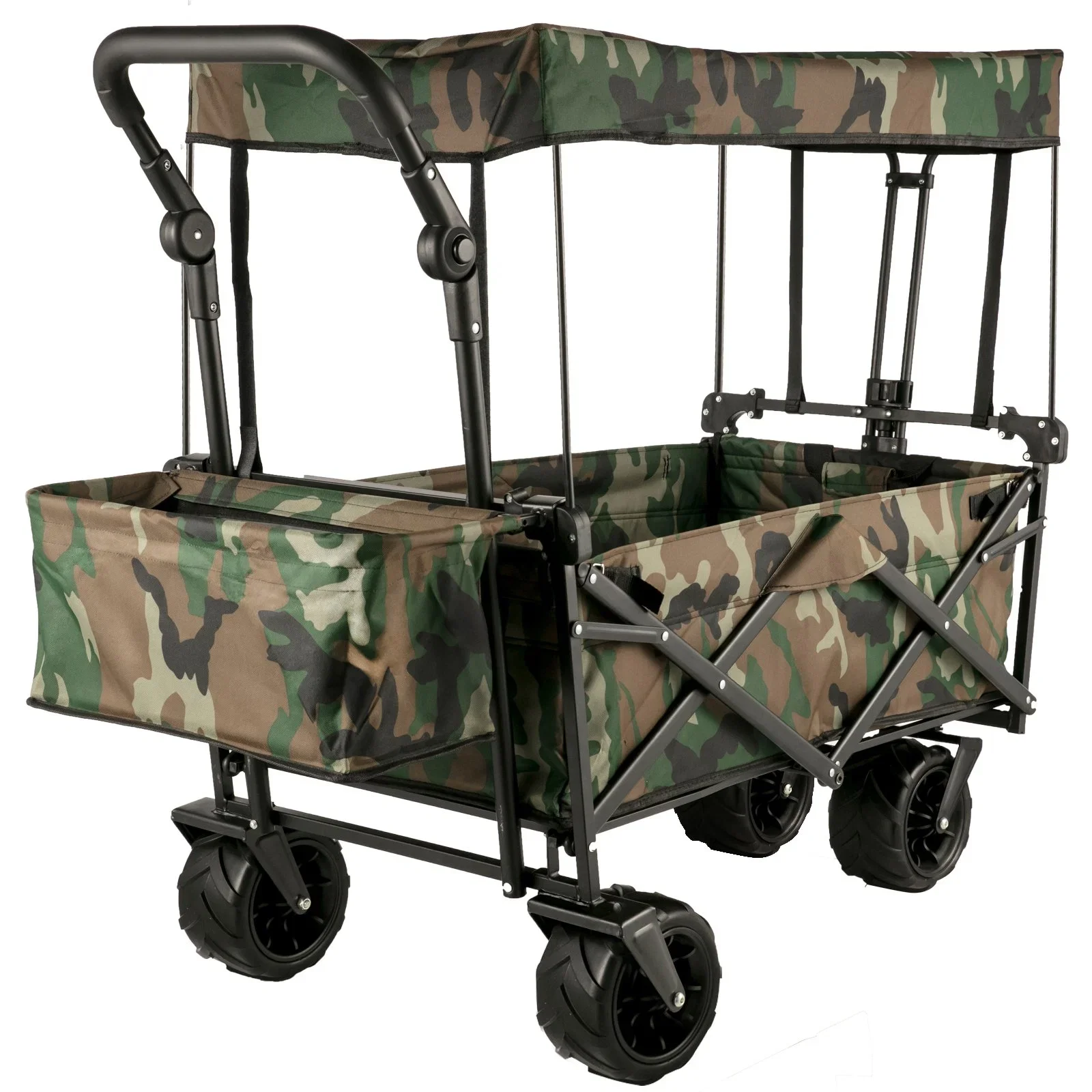 Collapsible Folding Wagon Utility Cart for Garden Camping Beach Wagon Cart with Removable Canopy Wheels and Rear Storage