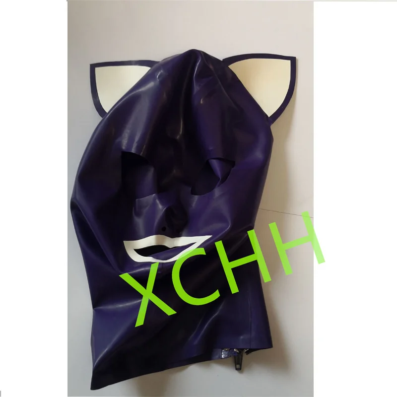 

Handmade Latex Hood Rubber Mask Cat Ear Purple Purple Back Zip Sexy Fetish Headgear Customize Halloween Cosplay Costume