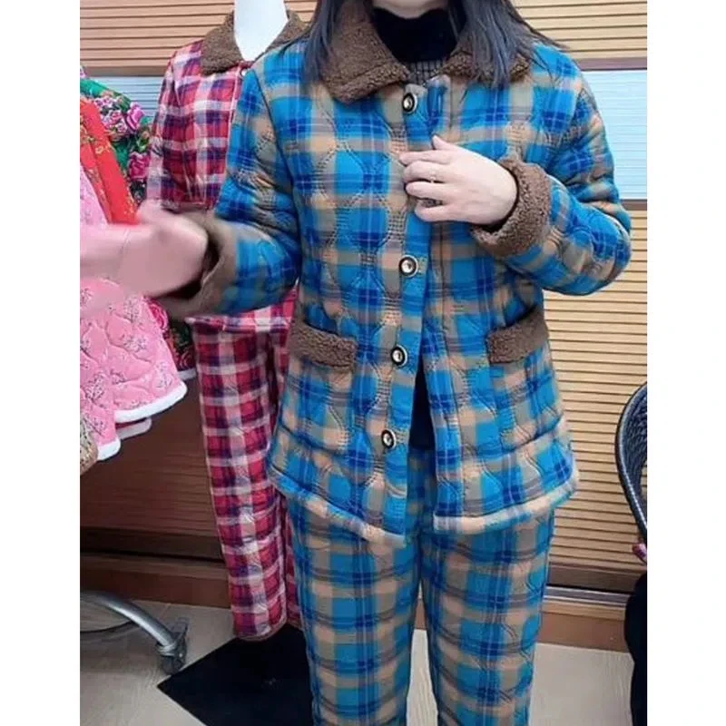 Single Piece/Suit Plaid Winter New Plush Cotton Jacket Warm Cotton Pants Suit Mother\'s Loose And Slim Cotton Suit Two-Piece Set