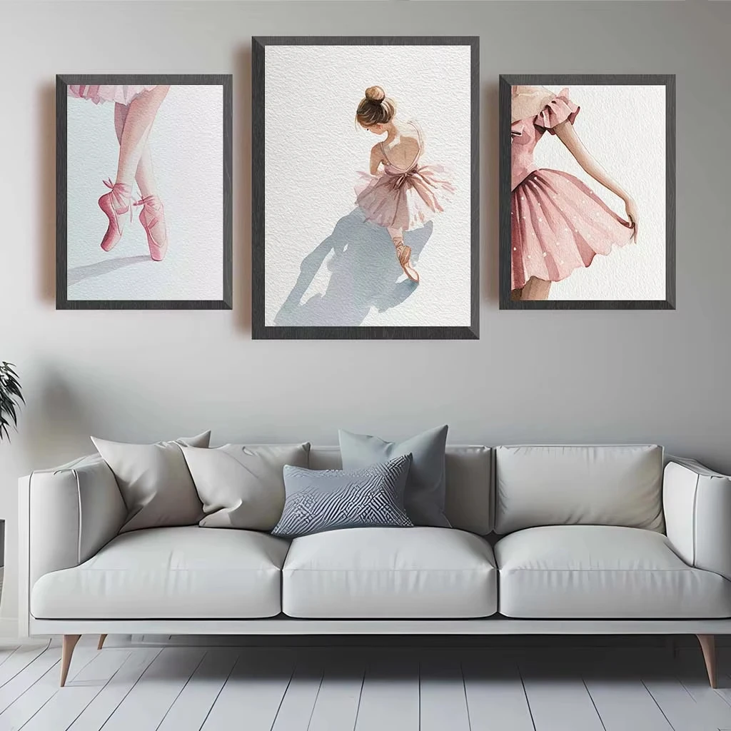 Lot de 3 affiches d'art « Sweetheart » rose, impressions sur toile sans cadre, représentant une fille en tutu et des pointes de danse, pour la décoration de la maison