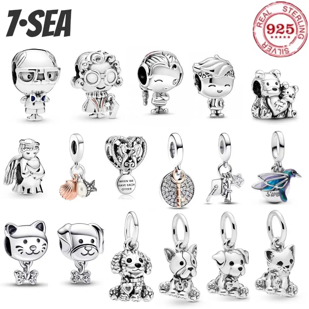Pulsera de Plata de Ley 925 con Dijes Originales de Gatos, Perros, Osos y Ángeles, Serie Clásica de Dibujos Animados, para Mujer, Joyería DIY